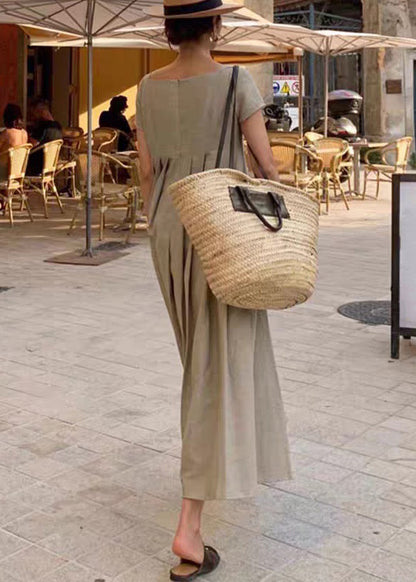 CM | Albaricoque Cuello Cuadrado Plisado ConstrucciónMW | Vestido Largo Verano FF031