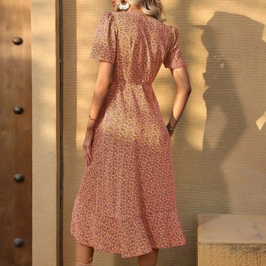 CM | 2024 Elegante vestido midi floral en forma de H con mangas abullonadas y escote en V