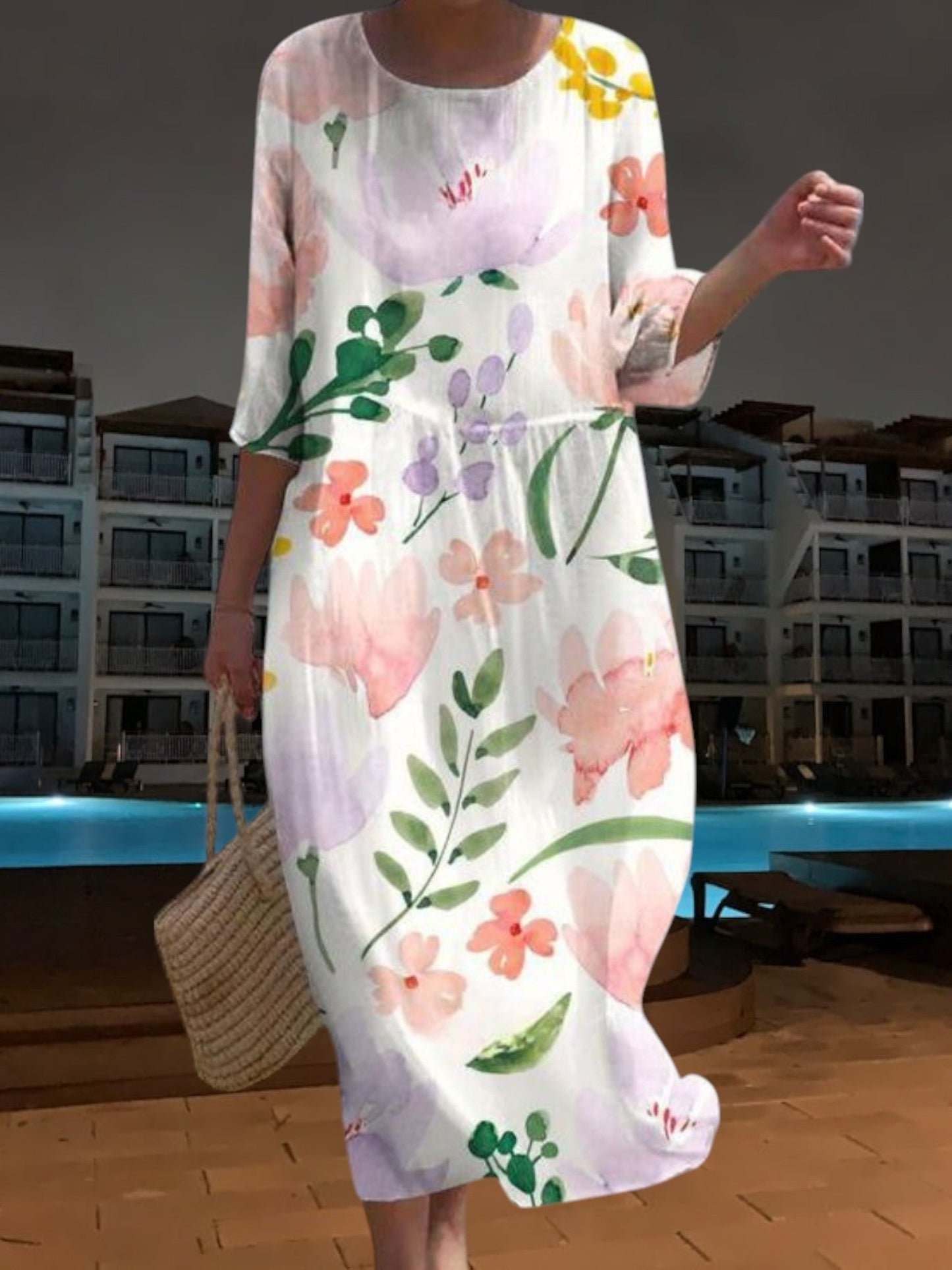 CM | Elegante vestido midi de material ligero y fluido, manga 3/4 con estampado floral