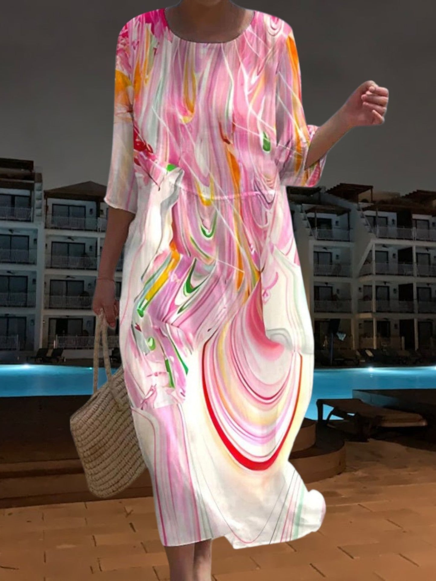 CM | Elegante vestido midi de material ligero y fluido, manga 3/4 con estampado floral