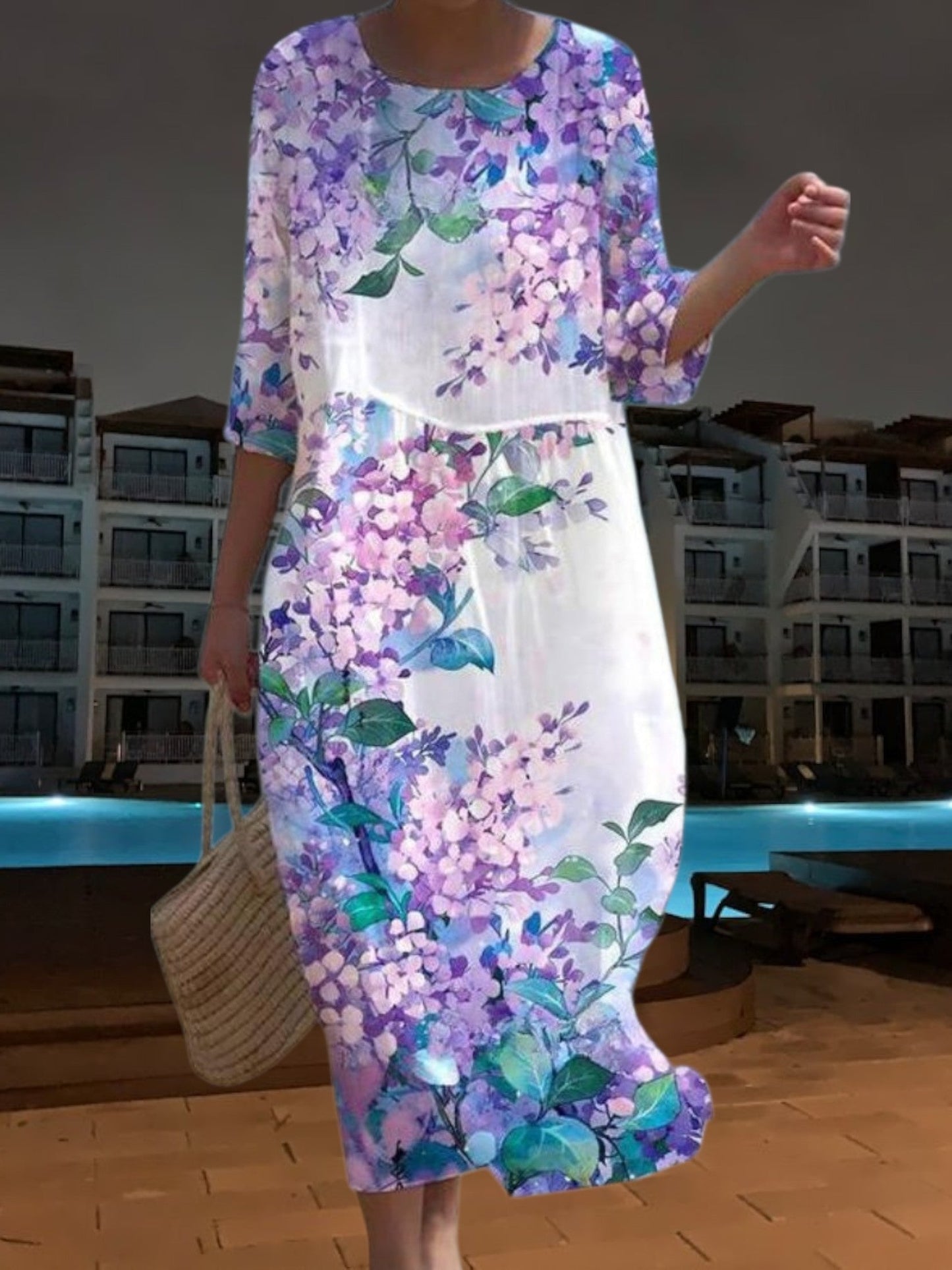 CM | Elegante vestido midi de material ligero y fluido, manga 3/4 con estampado floral