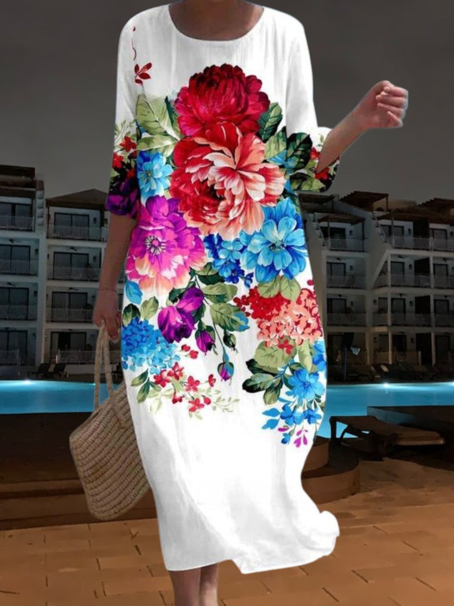 CM | Elegante vestido midi de material ligero y fluido, manga 3/4 con estampado floral