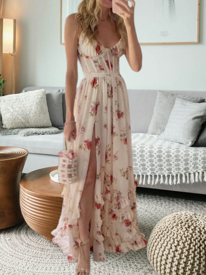 CM | Elegante vestido midi festivo de encaje con detalles florales y sin mangas para mujer