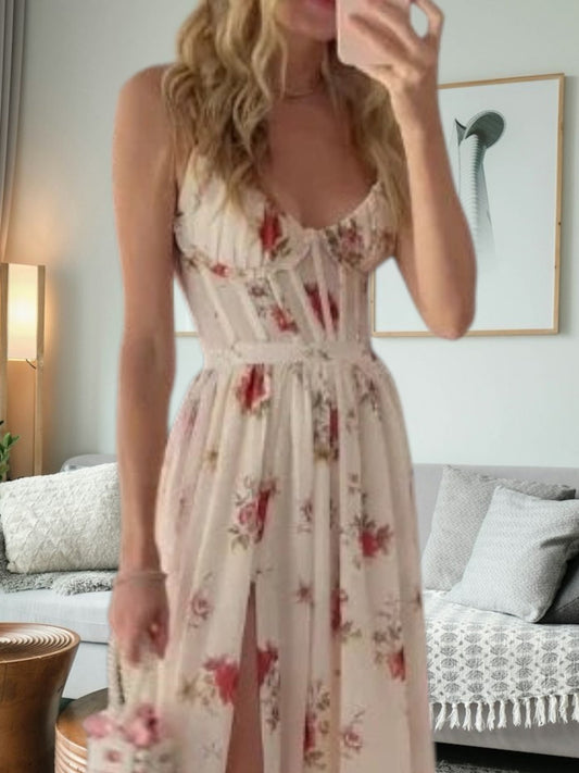 CM | Elegante vestido midi festivo de encaje con detalles florales y sin mangas para mujer