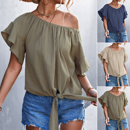 CM | Escote asimétrico Blusa de manga corta con nudo fijo delante