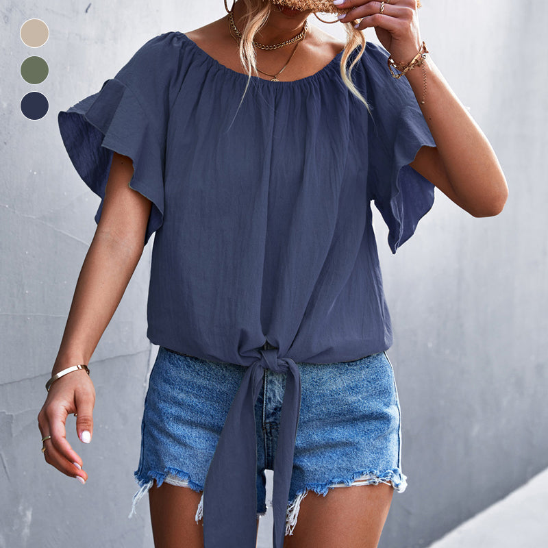 CM | Escote asimétrico Blusa de manga corta con nudo fijo delante
