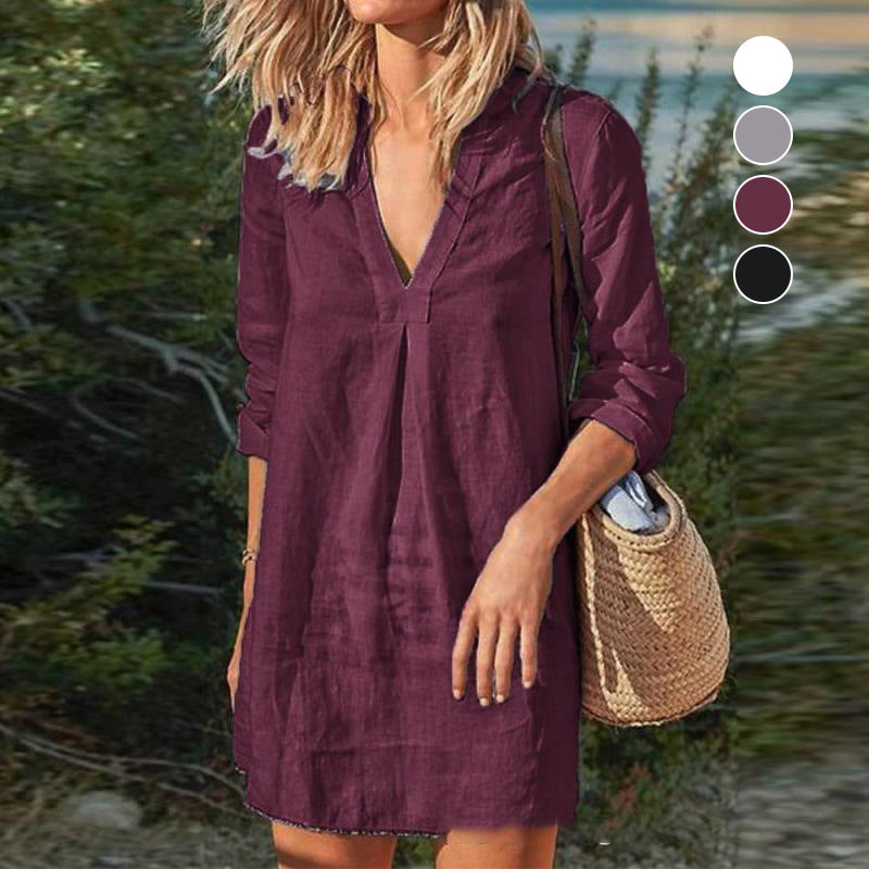 CM | Vestido de manga larga casual monocolor con escote en V