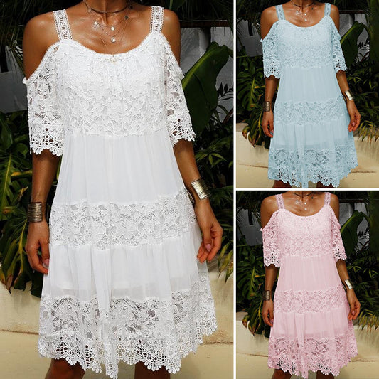 CM | Vestido monocolor de encaje elegante de manga corta y largo medio