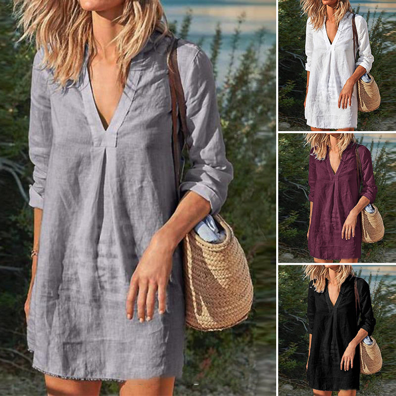 CM | Vestido de manga larga casual monocolor con escote en V