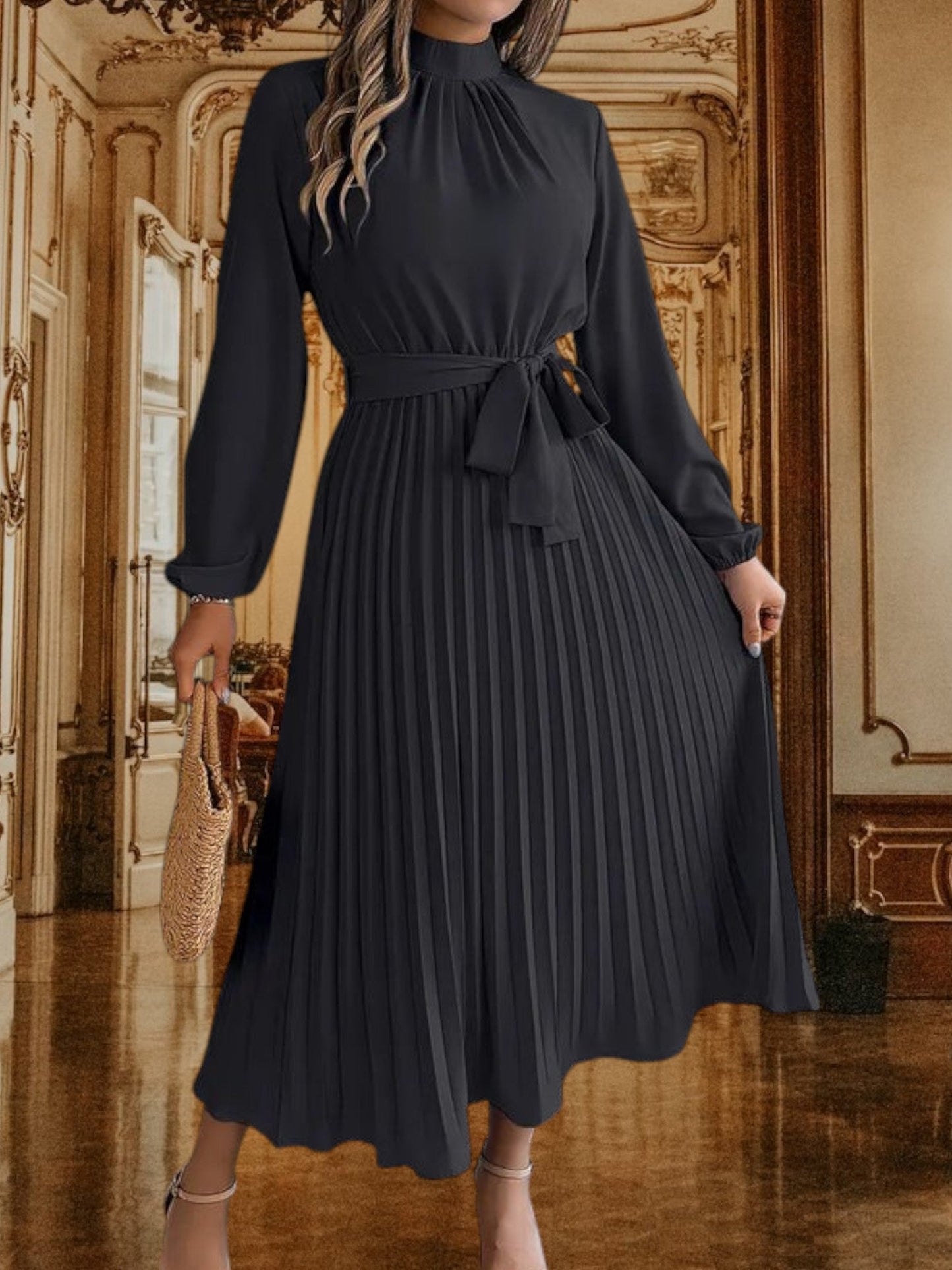 CM | Vestido midi plisado con cinturón y manga larga