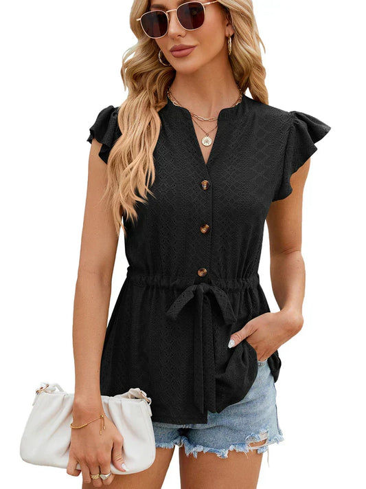 CM | Blusa con mangas de volantes, botones y cinturilla