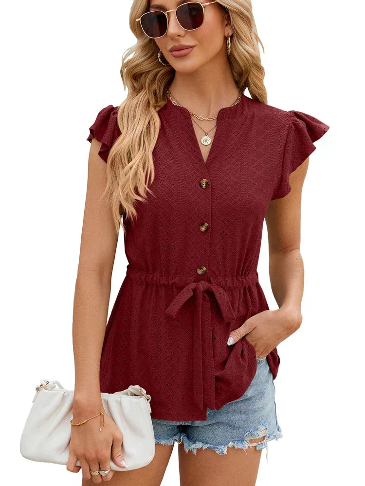 CM | Blusa con mangas de volantes, botones y cinturilla