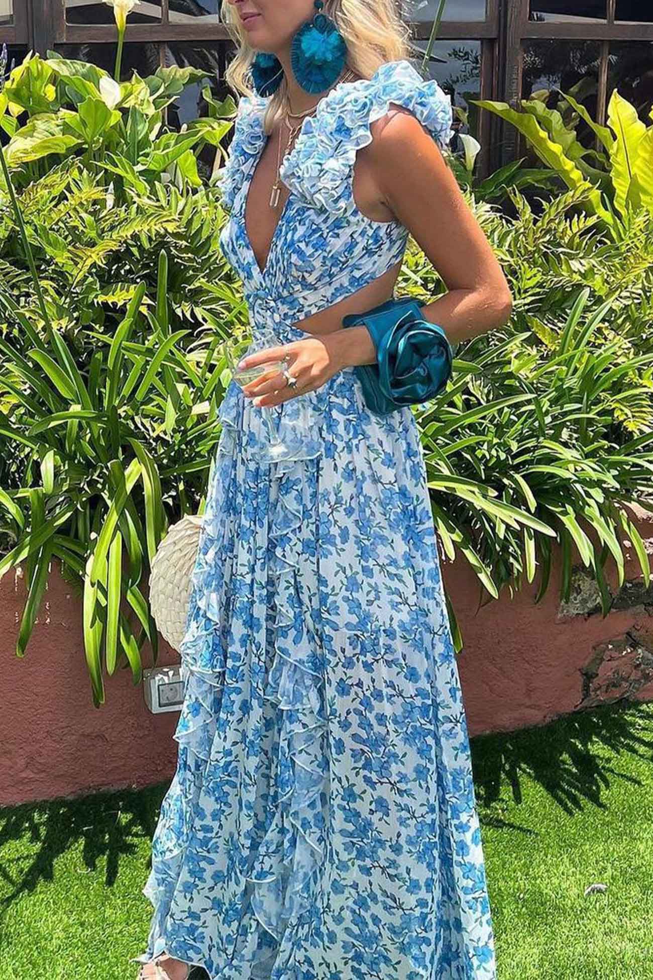 CM | Maxivestido de mujer - Escote en V - Mangas acanaladas - Cintura recortada - Falda de talle alto