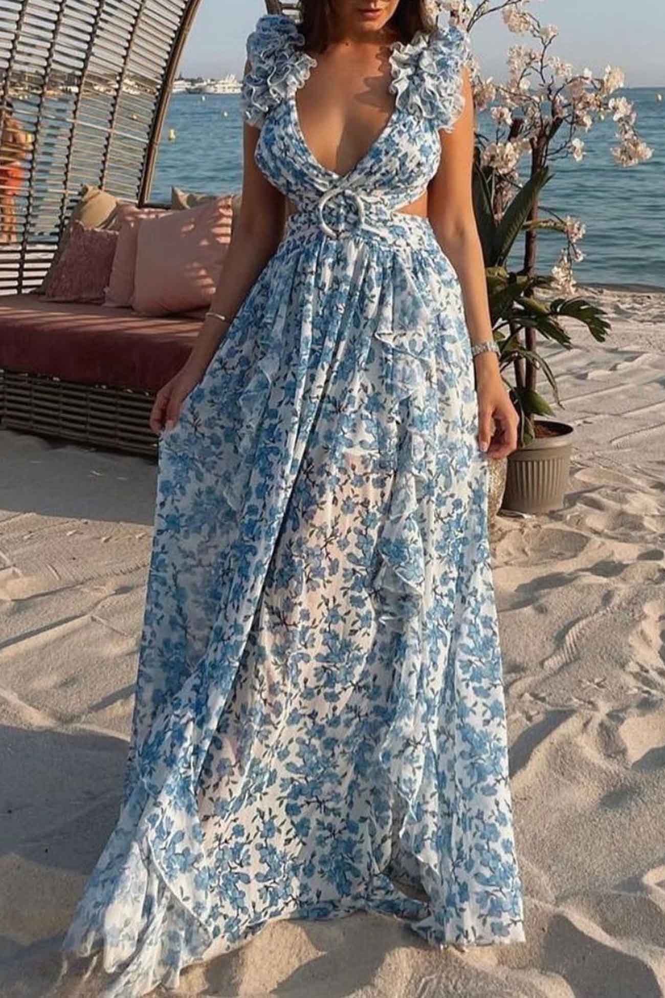 CM | Maxivestido de mujer - Escote en V - Mangas acanaladas - Cintura recortada - Falda de talle alto