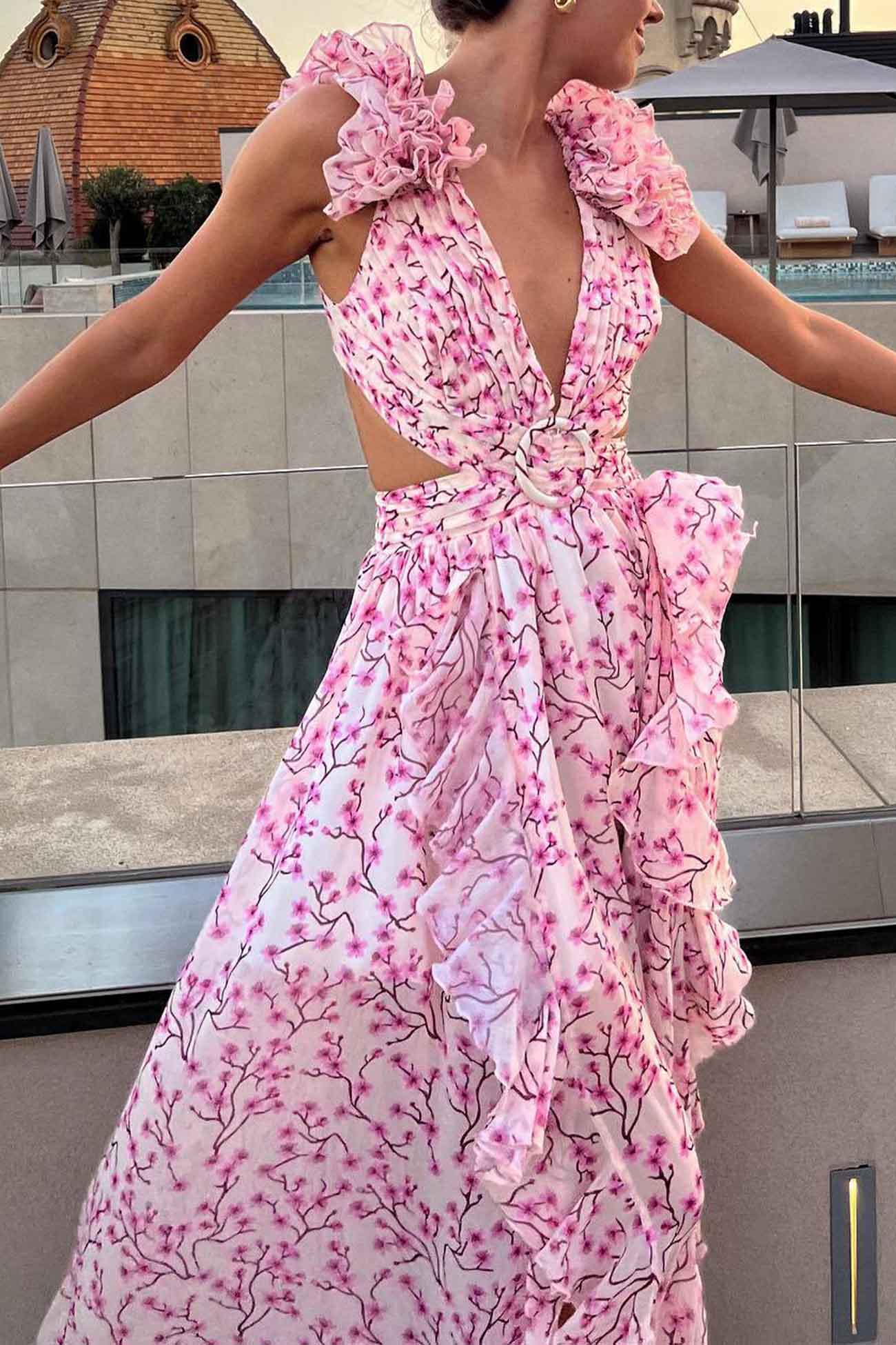 CM | Maxivestido de mujer - Escote en V - Mangas acanaladas - Cintura recortada - Falda de talle alto