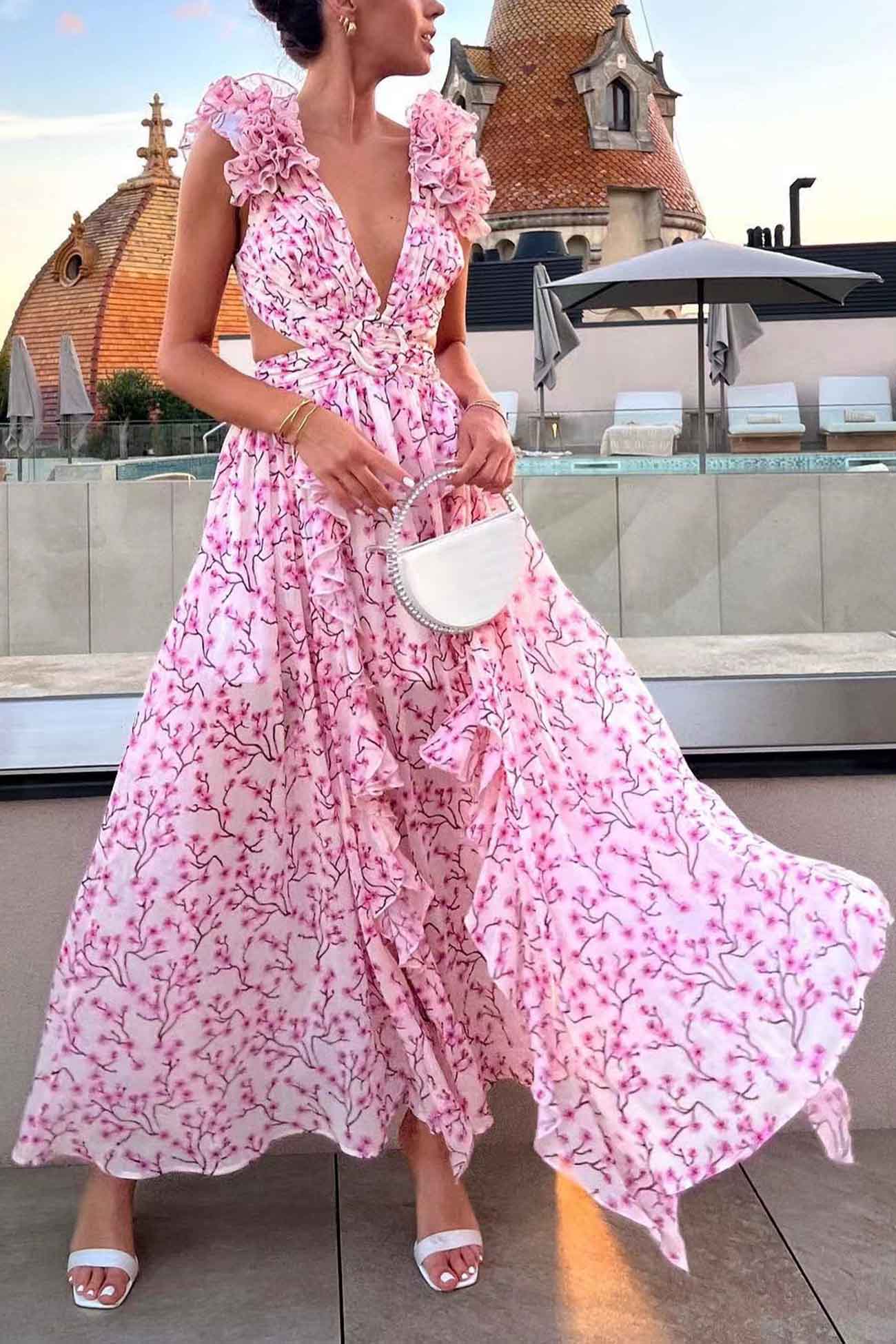 CM | Maxivestido de mujer - Escote en V - Mangas acanaladas - Cintura recortada - Falda de talle alto