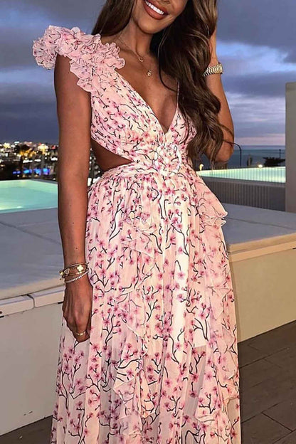 CM | Maxivestido de mujer - Escote en V - Mangas acanaladas - Cintura recortada - Falda de talle alto