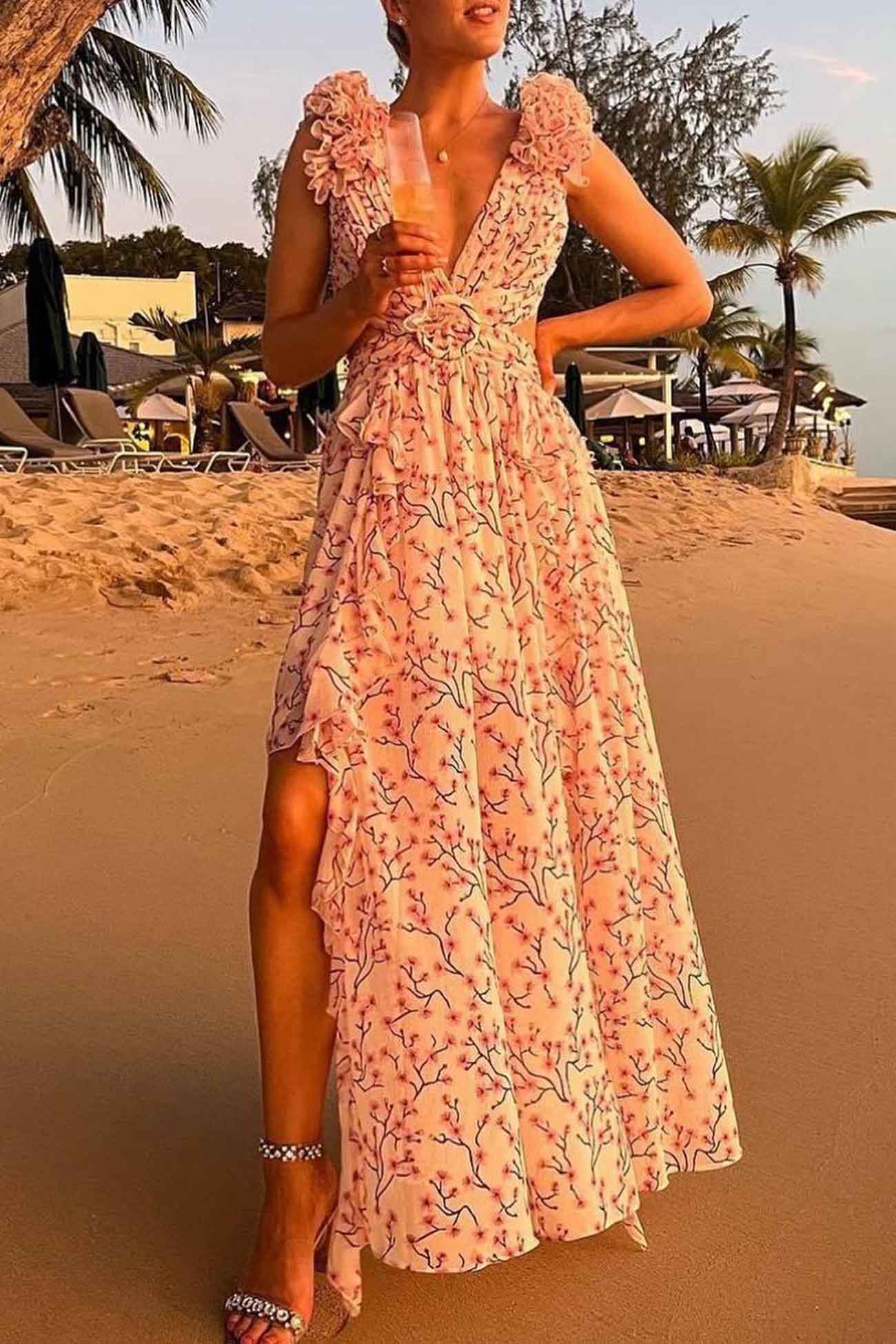 CM | Maxivestido de mujer - Escote en V - Mangas acanaladas - Cintura recortada - Falda de talle alto