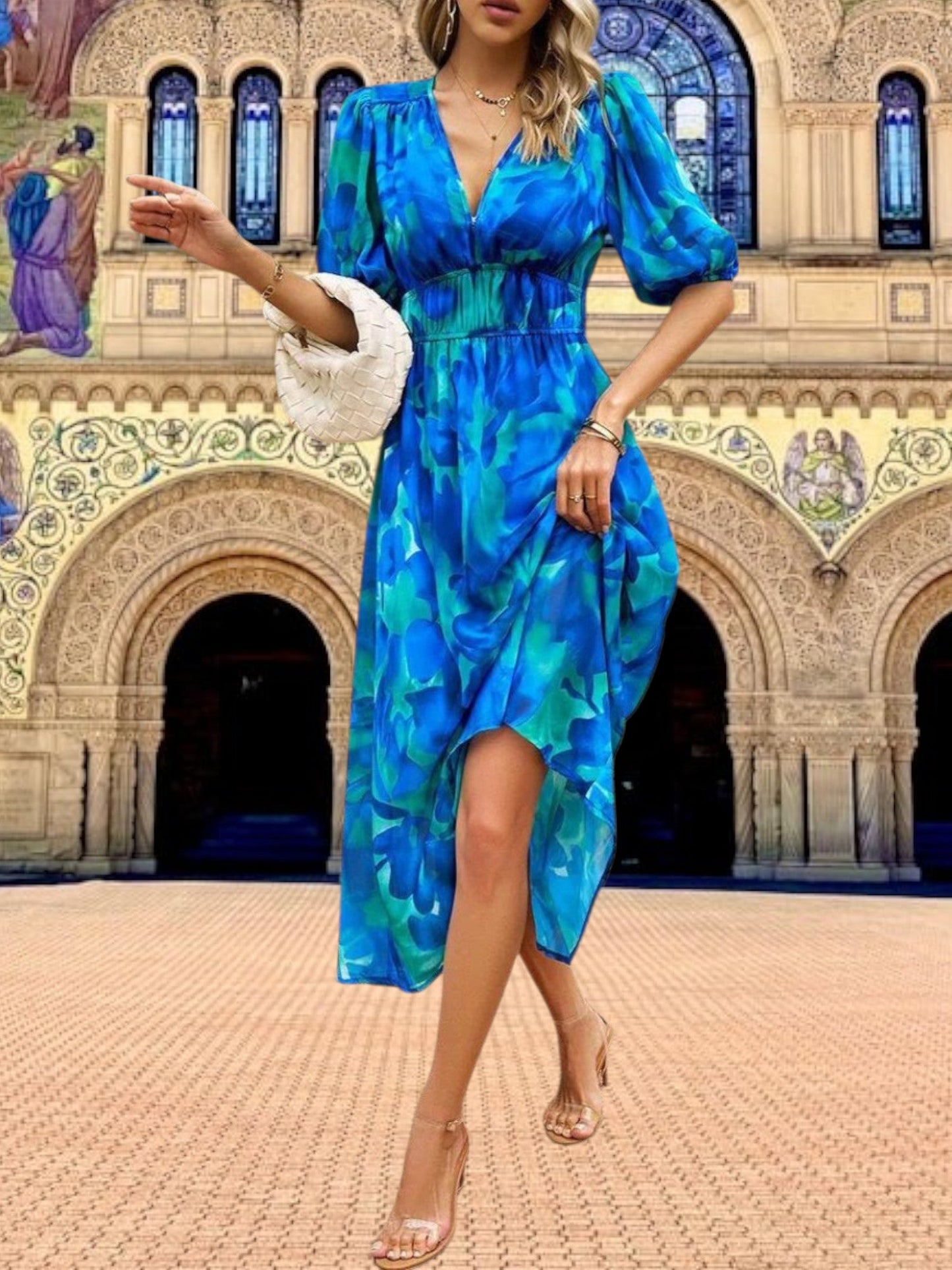CM | Vestido midi floral con mangas abullonadas