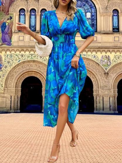 CM | Vestido midi floral con mangas abullonadas