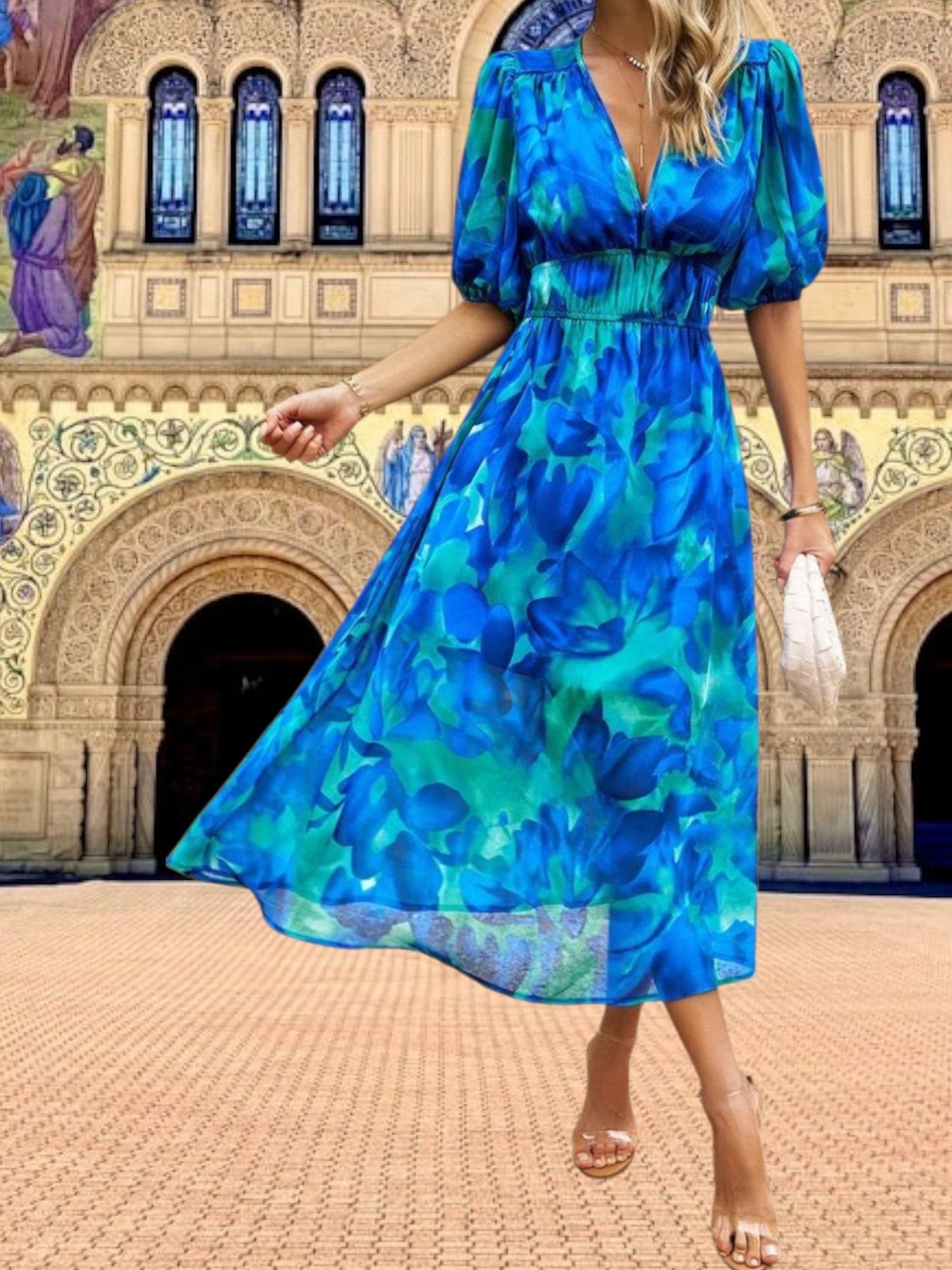 CM | Vestido midi floral con mangas abullonadas