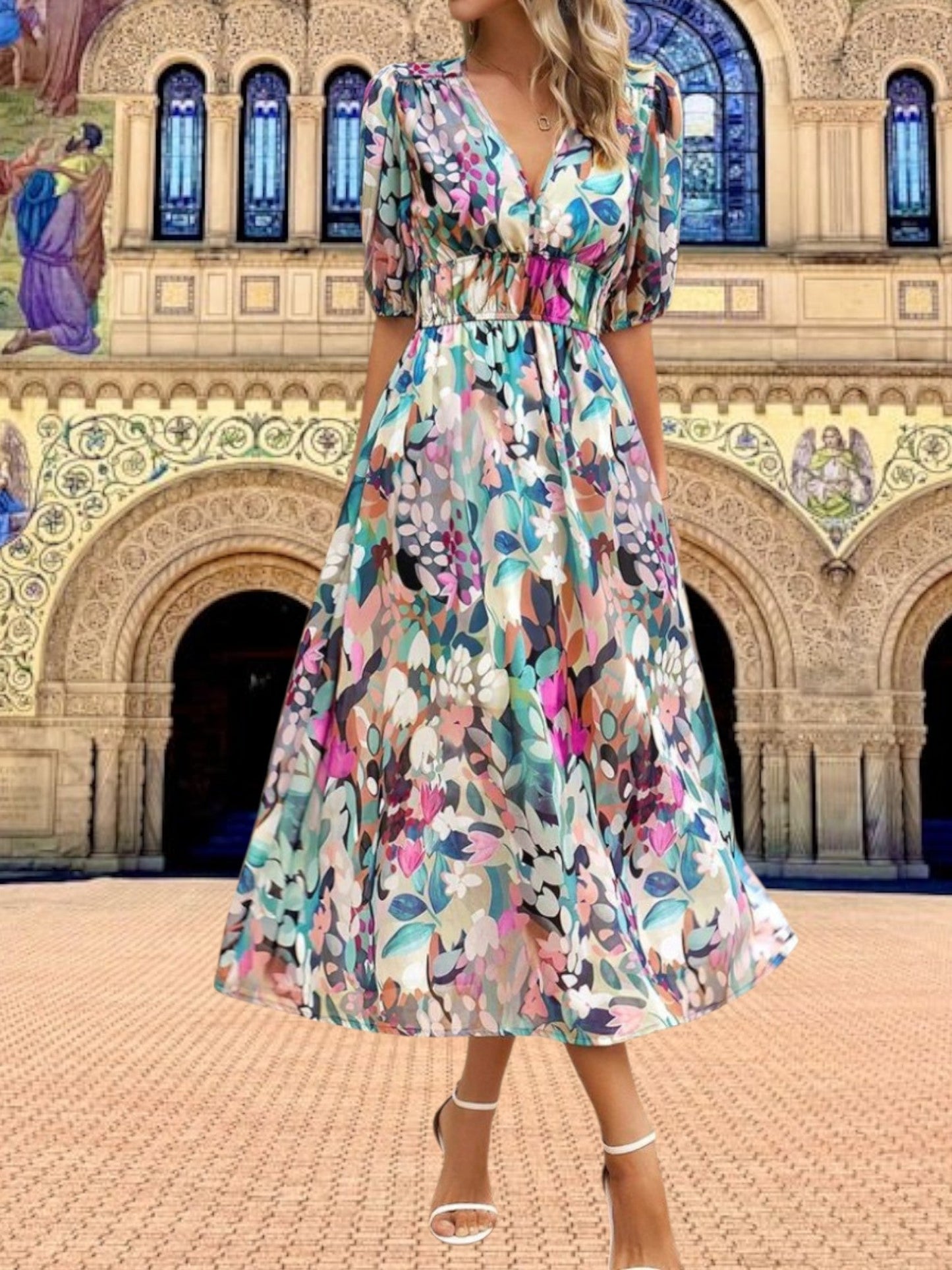 CM | Vestido midi floral con mangas abullonadas