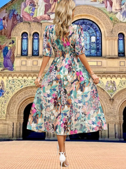 CM | Vestido midi floral con mangas abullonadas