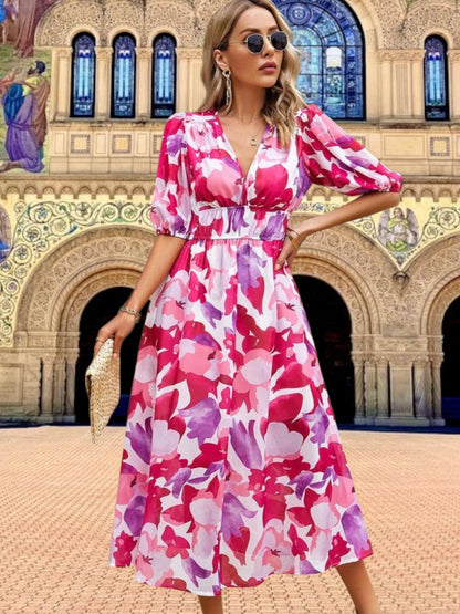 CM | Vestido midi floral con mangas abullonadas