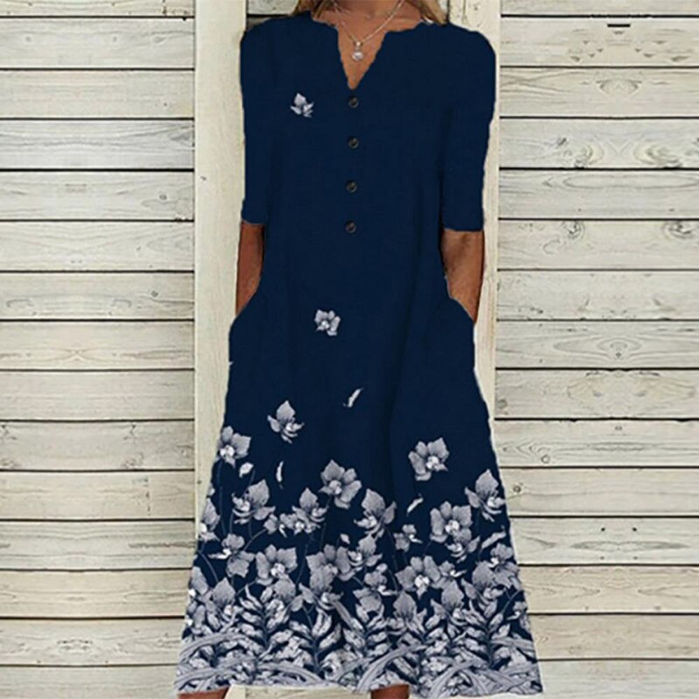 CM | Vestido midi de mujer - cuello de pico - tapeta de botones - manga corta - estampado floral de mariposas - bolsillos
