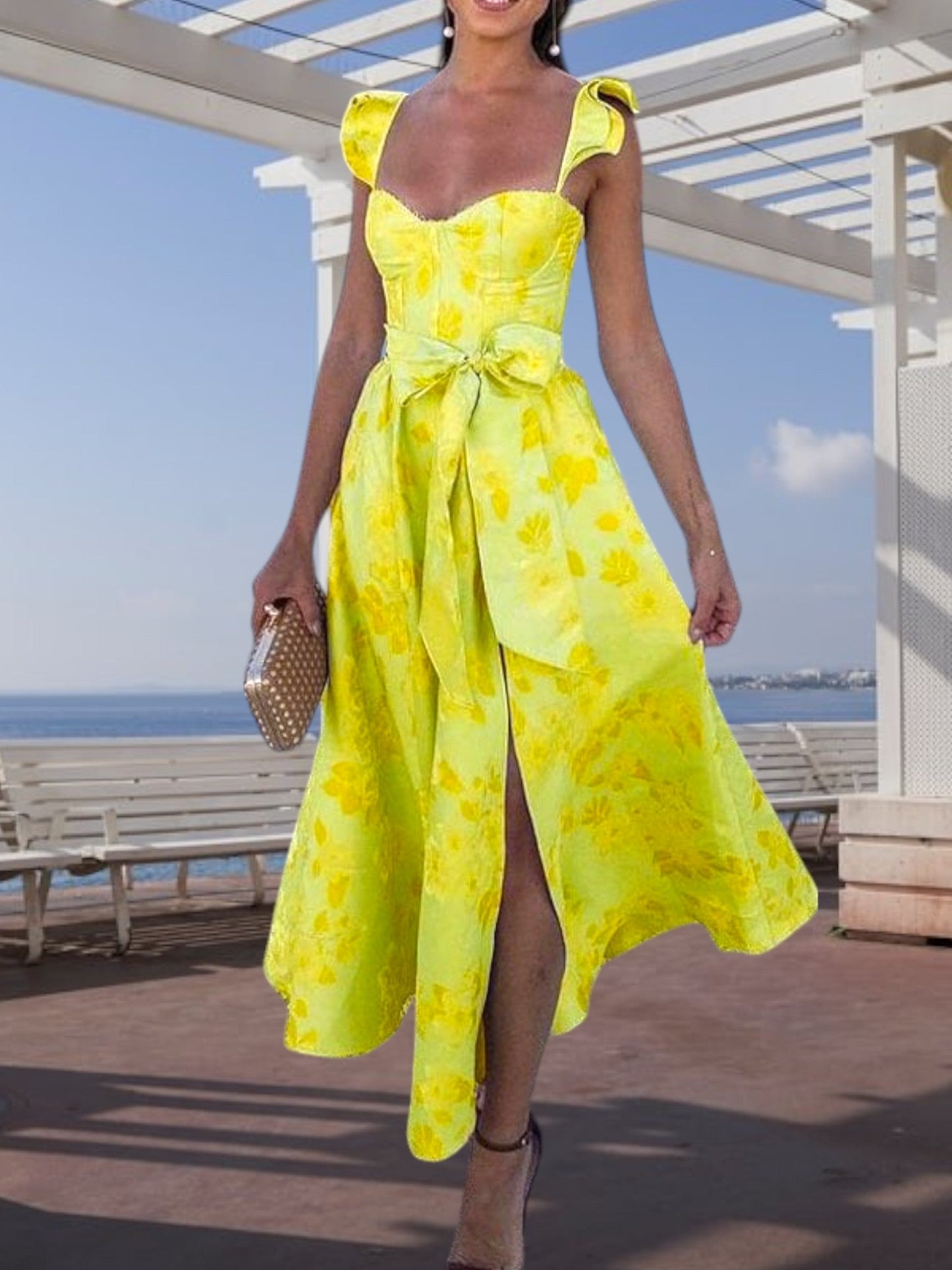 CM | Vestido midi floral con lazo en la cintura Ligero