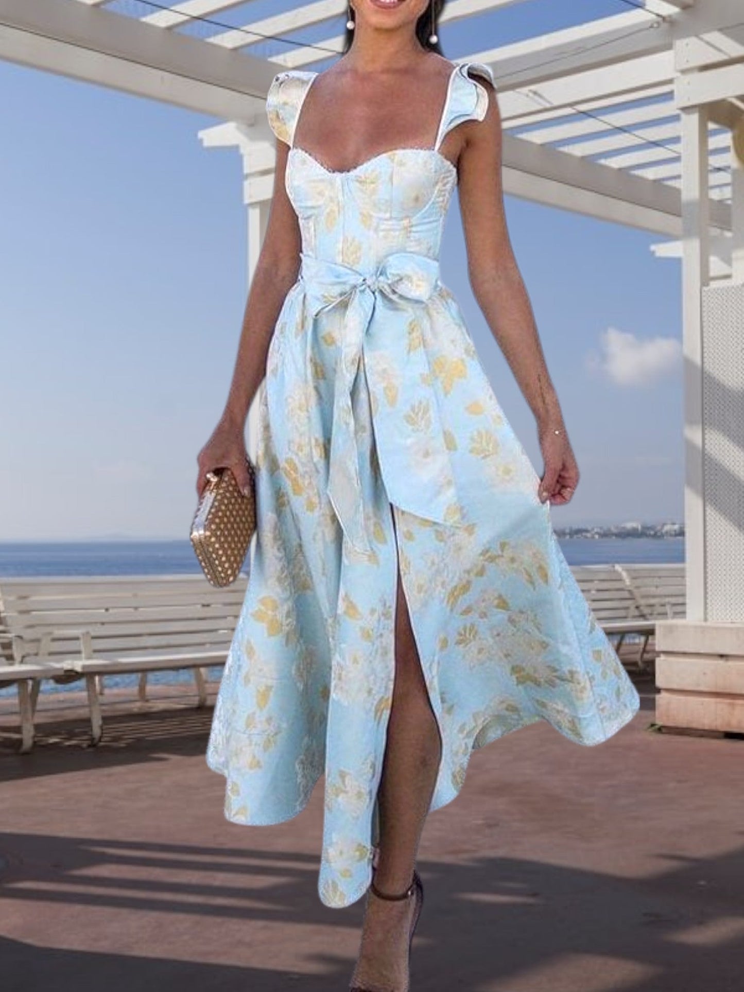 CM | Vestido midi floral con lazo en la cintura Ligero