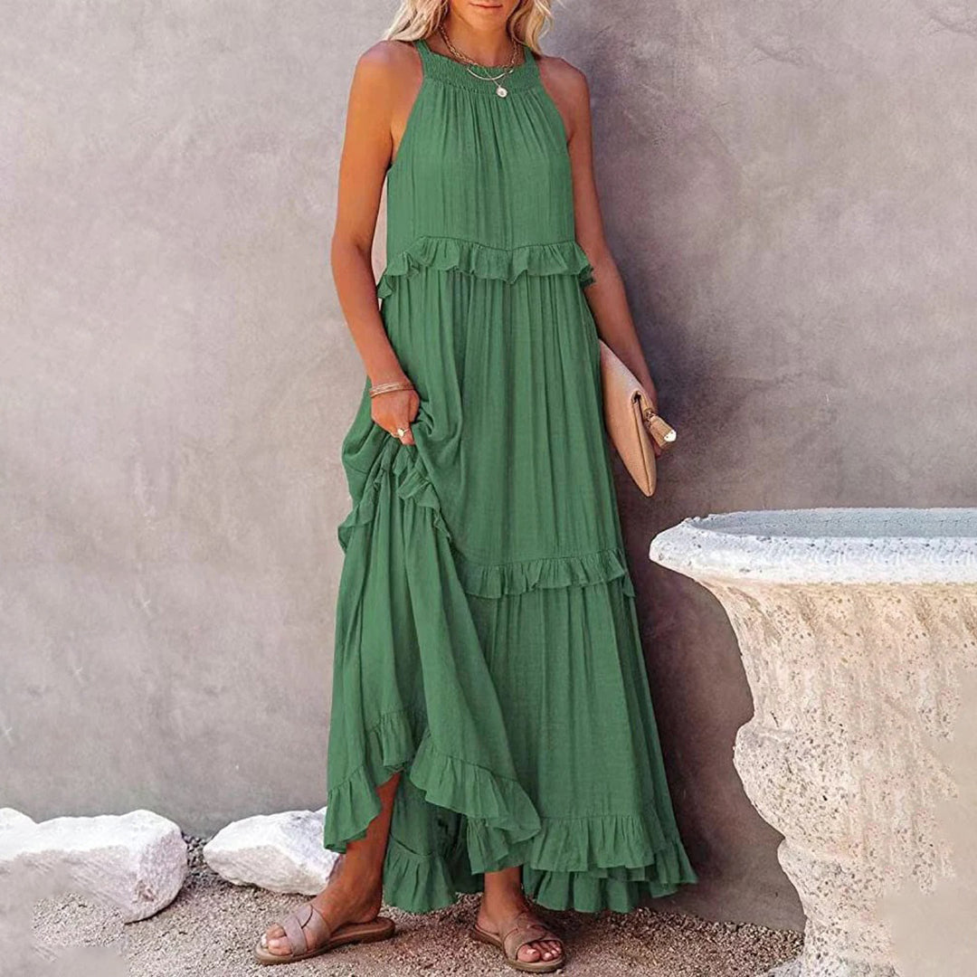 CM | maxi vestido de mujer - sin mangas y escote halterneck - corte en A - ribete de volantes