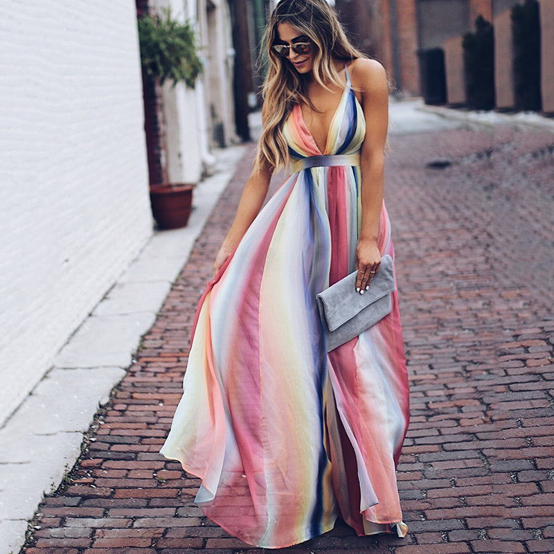 CM | Maxi vestido de mujer - Corte vaporoso - Escote en pico - Sin mangas - Mezcla transpirable