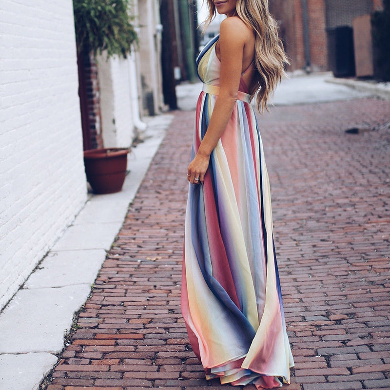 CM | Maxi vestido de mujer - Corte vaporoso - Escote en pico - Sin mangas - Mezcla transpirable
