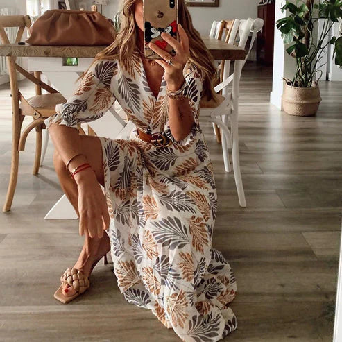 CM | Elegante maxi vestido estampado con cinturón