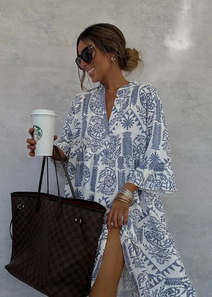 CM | Vestido corto de estilo bohemio con escote en V y mangas tres cuartos