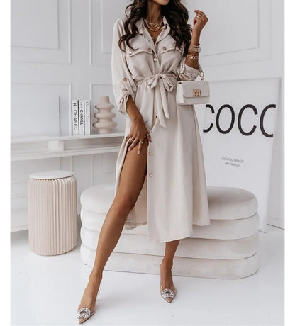 CM | Vestido camisero midi monocolor con cordones delanteros OP48
