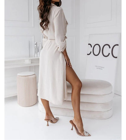 CM | Vestido camisero midi monocolor con cordones delanteros OP48