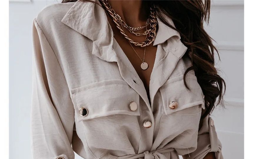 CM | Vestido camisero midi monocolor con cordones delanteros OP48