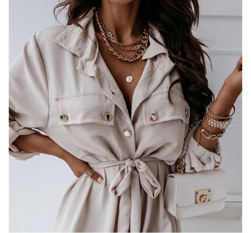 CM | Vestido camisero midi monocolor con cordones delanteros OP48