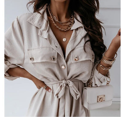 CM | Vestido camisero midi monocolor con cordones delanteros OP48
