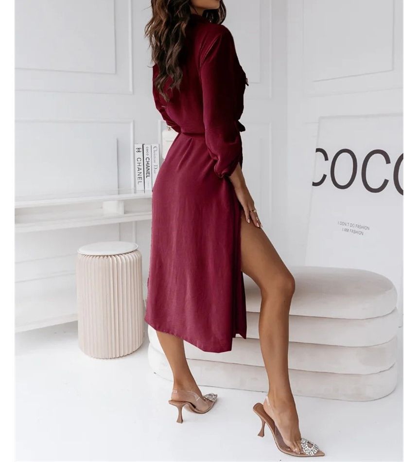CM | Vestido camisero midi monocolor con cordones delanteros OP48