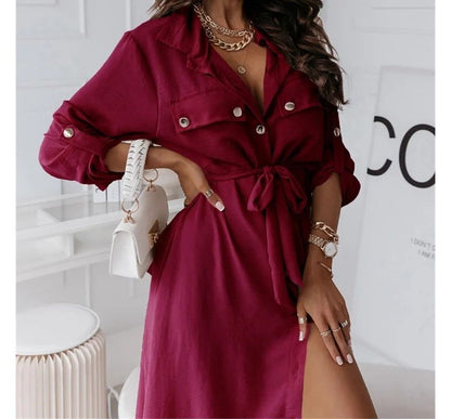 CM | Vestido camisero midi monocolor con cordones delanteros OP48