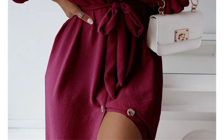 CM | Vestido camisero midi monocolor con cordones delanteros OP48