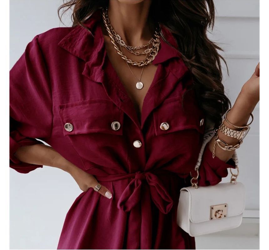 CM | Vestido camisero midi monocolor con cordones delanteros OP48