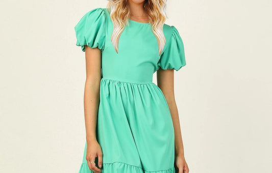 CM | Vestido midi con mangas abullonadas y espalda abierta en línea A vb51