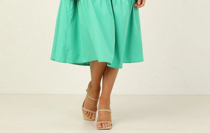 CM | Vestido midi con mangas abullonadas y espalda abierta en línea A vb51
