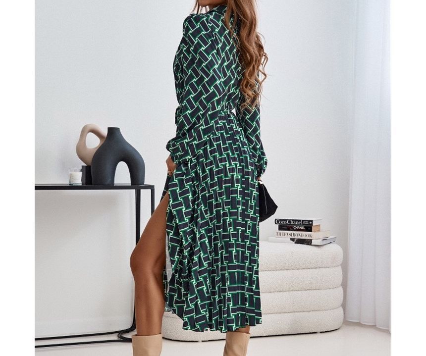 CM | Cuello Print Slit Vestido Midi A-Line OP59