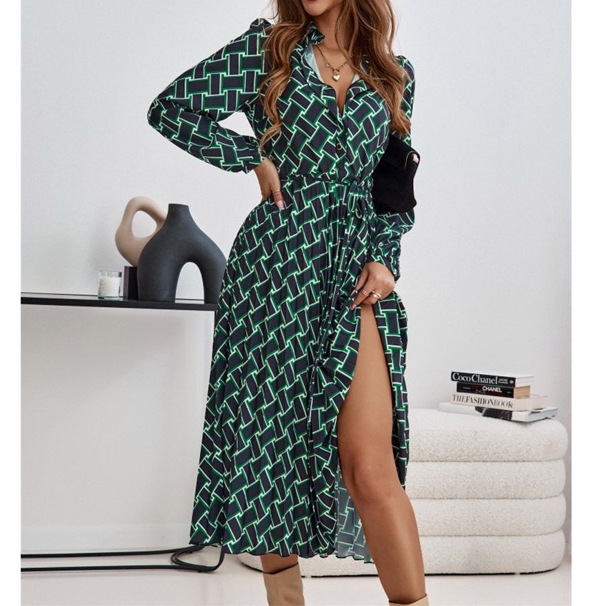 CM | Cuello Print Slit Vestido Midi A-Line OP59
