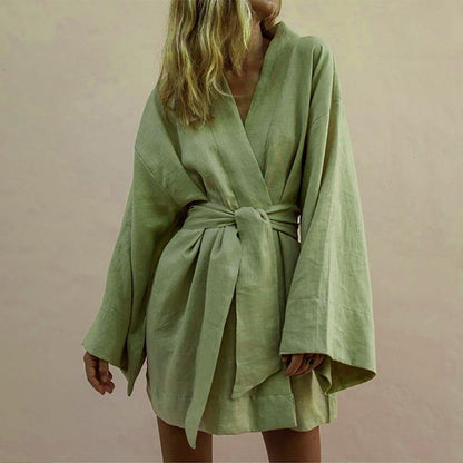 CM | Lace Up Mujeres V-Cuello Kimono Cardigan Mini Vestido de algodón de lino de manga larga fajas